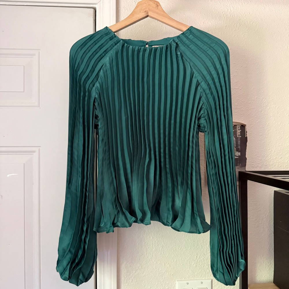 CIEBON emerald teal green jewel pleated satin puff long sleeve blouse top
